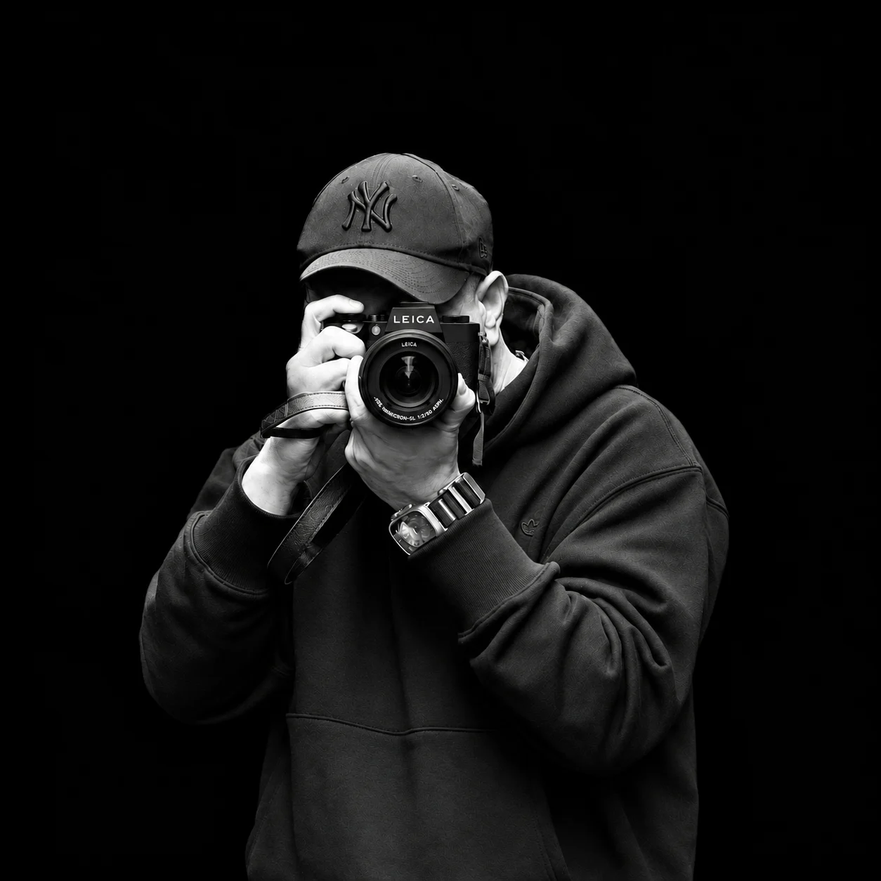 Black and white photo of a person with a cap holding and aiming a Leica camera